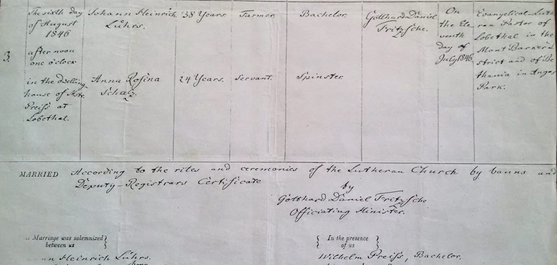 Luhrs Johann Freidrich Anna Rosina Scholz marriage cert